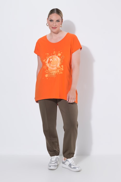 T-shirt, A-line, smiley print, longer hem at the back