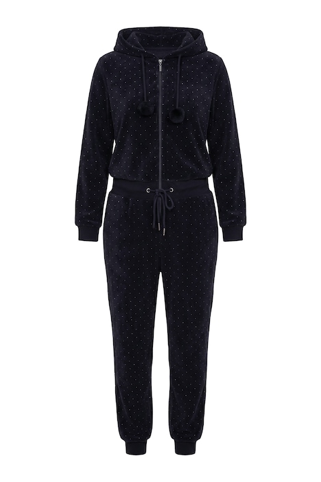 Homewear-Overall, Plüsch, Punkte, Kapuze, Langarm