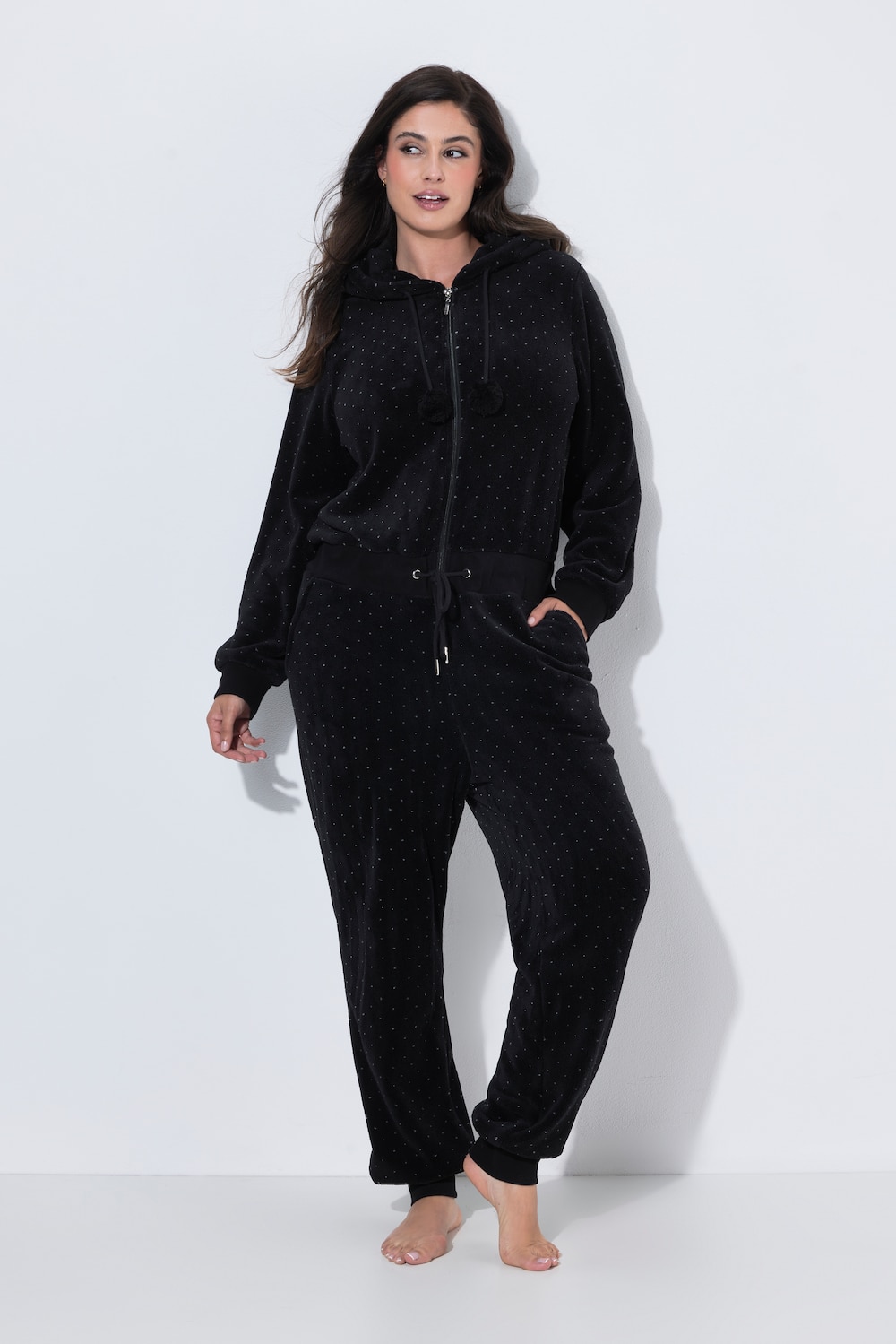 Homewear-Overall, Plüsch, Punkte, Kapuze, Langarm