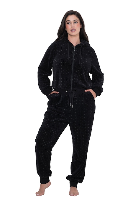 Homewear-Overall, Plüsch, Punkte, Kapuze, Langarm