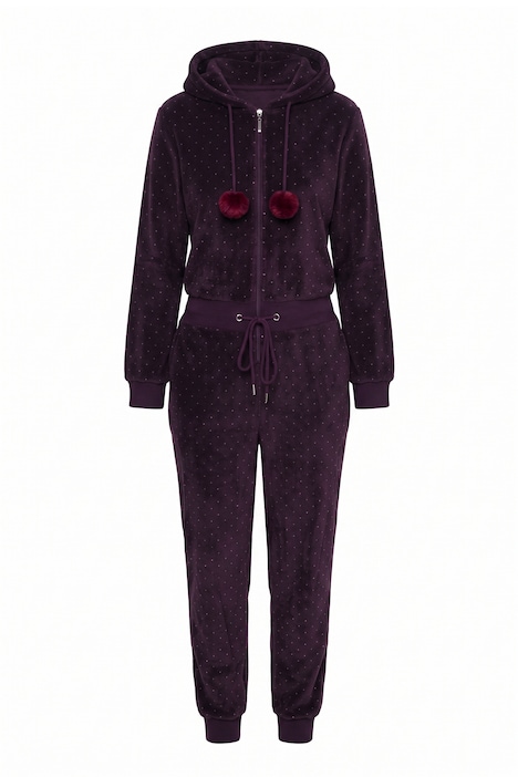Homewear-Overall, Plüsch, Punkte, Kapuze, Langarm