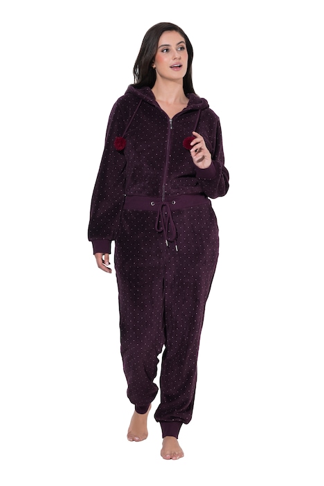 Homewear-Overall, Plüsch, Punkte, Kapuze, Langarm