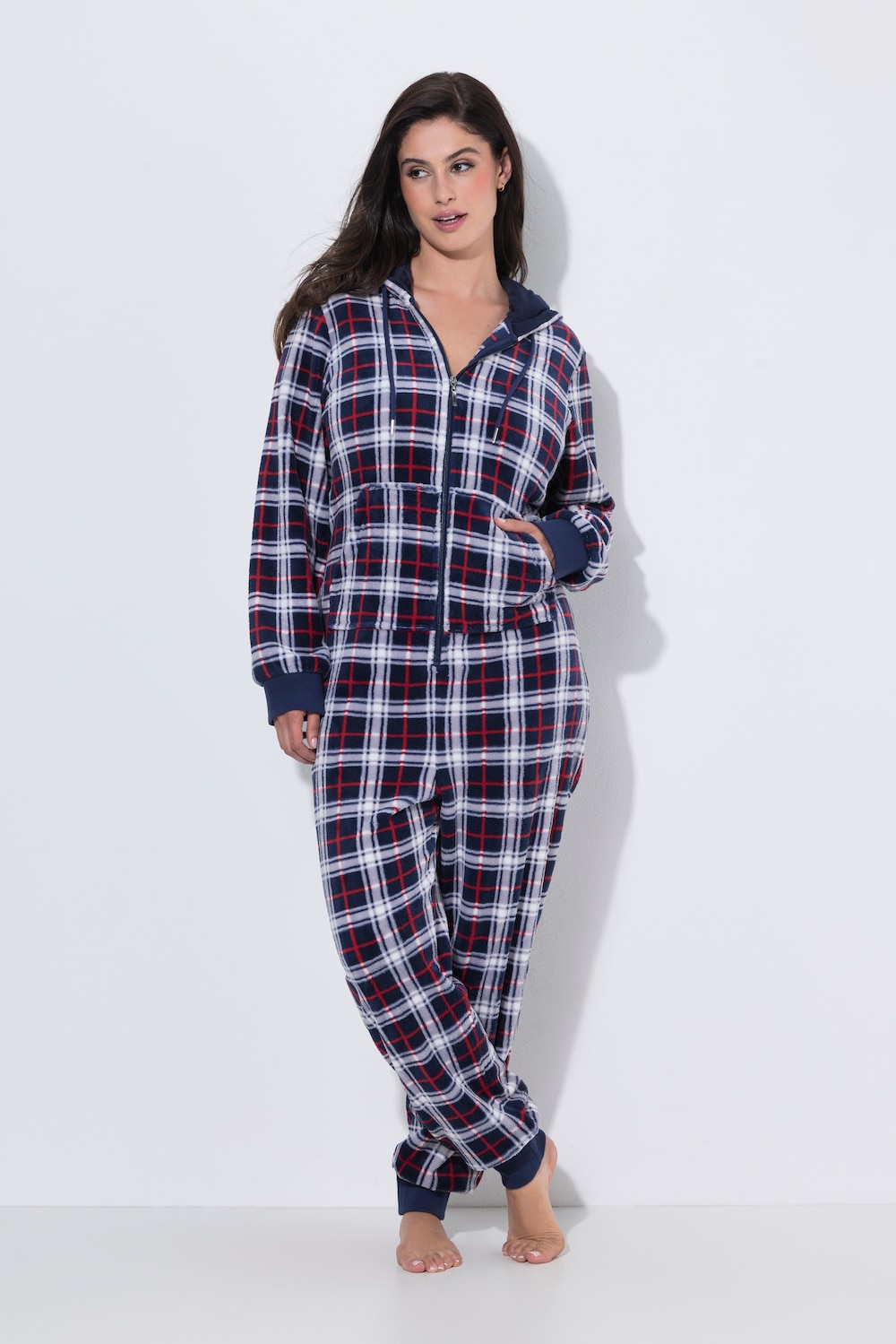 Homewear-Overall, Plüsch, Karo, Kapuze, Langarm