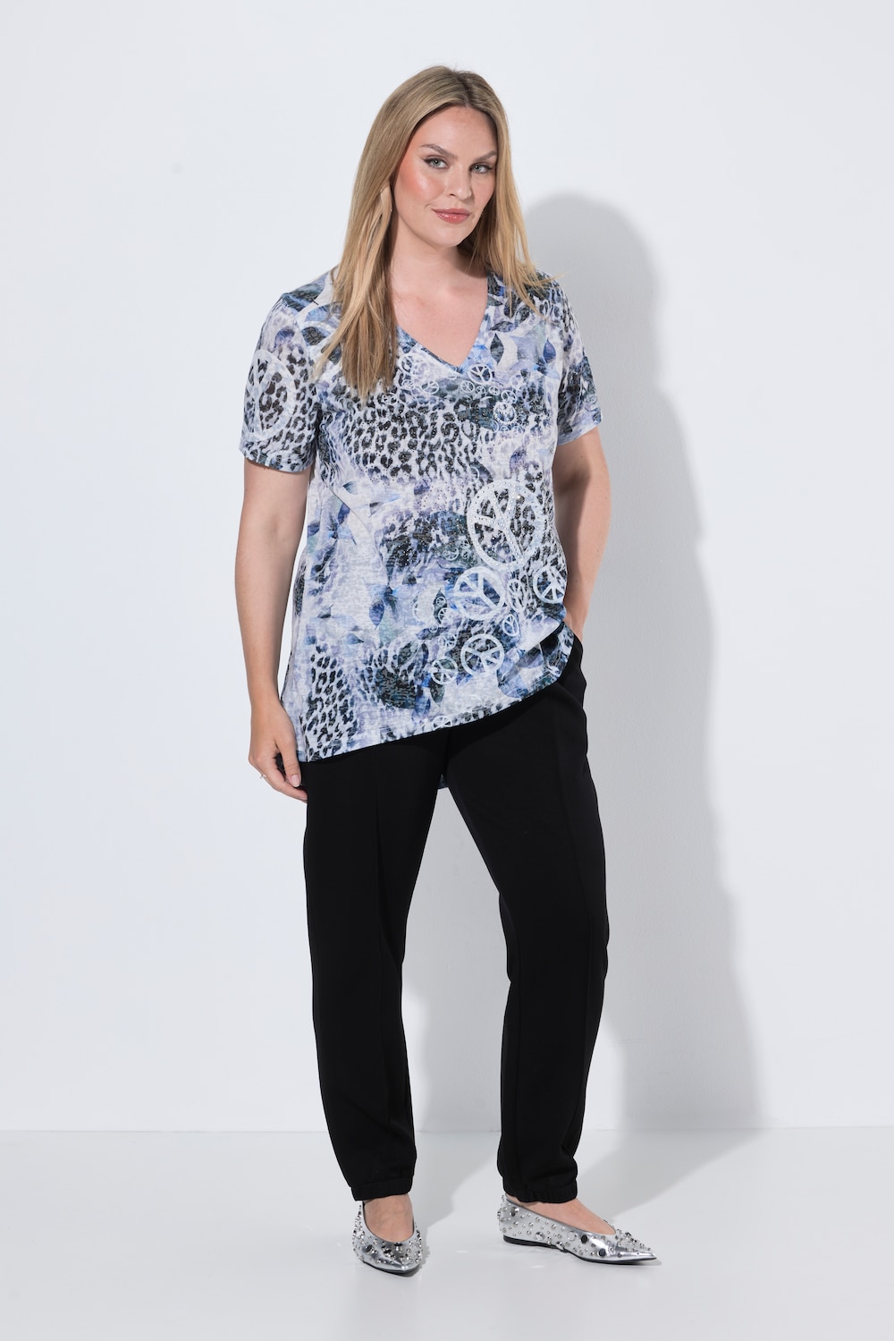 T-Shirt, A-Linie, Ausbrennerjersey, Animal-Muster, Peace-Zeichen