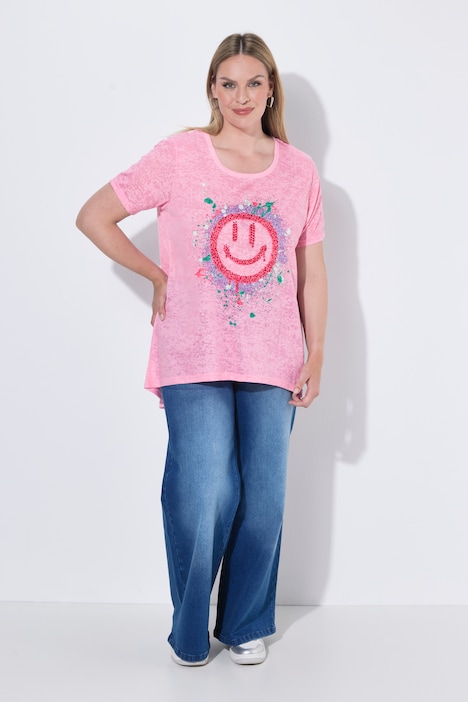 T-Shirt, A-Linie, Ausbrennerjersey, bunter Smiley