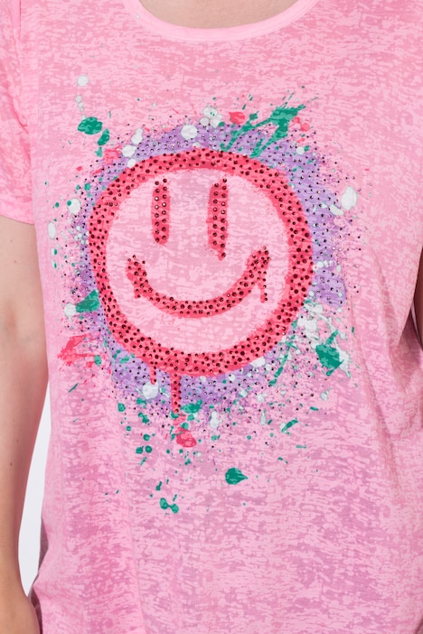 T-Shirt, A-Linie, Ausbrennerjersey, bunter Smiley