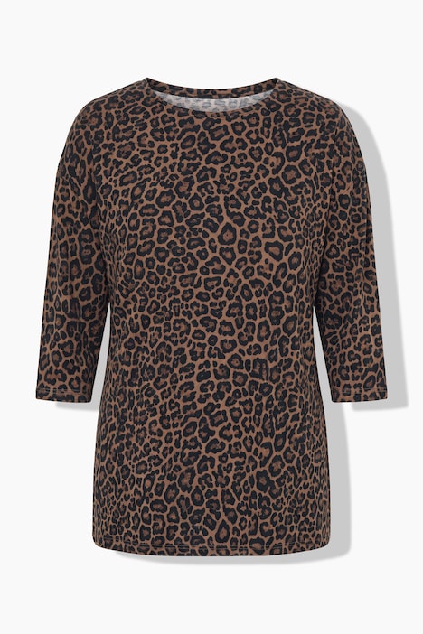 T-shirt, coupe boxy, motif léopard, manches 3/4
