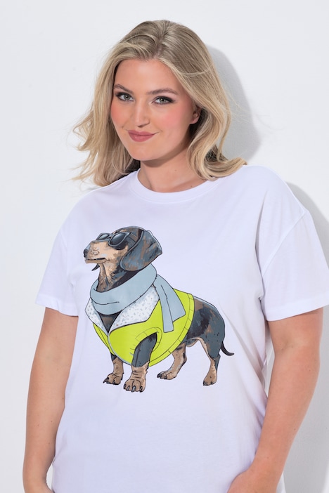 T-shirt, coupe Boxy, motif mode teckel, manches mi-hauteur