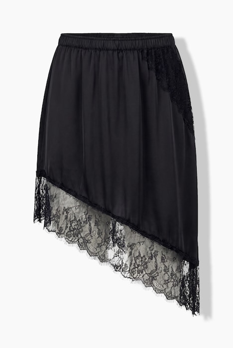 Satin-Rock, A-Linie, Spitzenkante am asymmetrischen Saum
