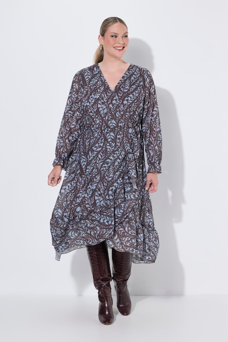 Robe midi en mousseline, effet cache-cœur, coupe en A, imprimé all-over