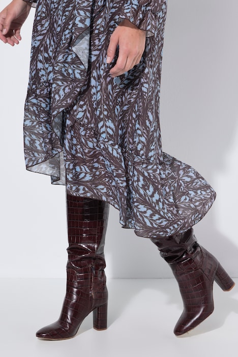 Robe midi en mousseline, effet cache-cœur, coupe en A, imprimé all-over