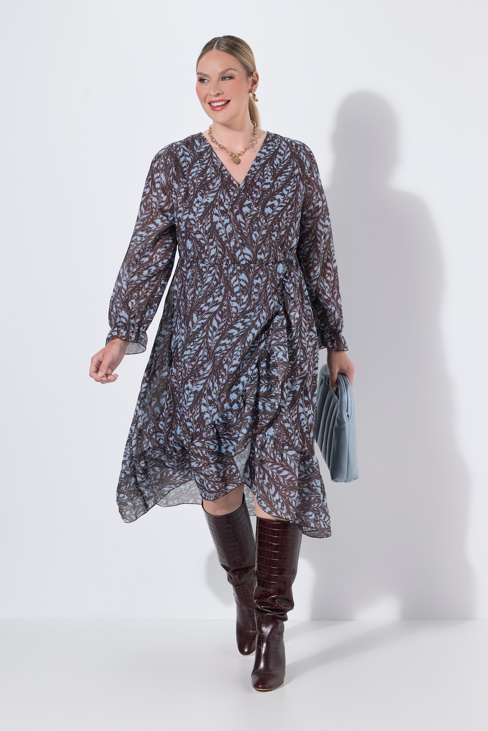 Midi-Chiffonkleid, Wickeloptik, A-Linie, Alloverprint