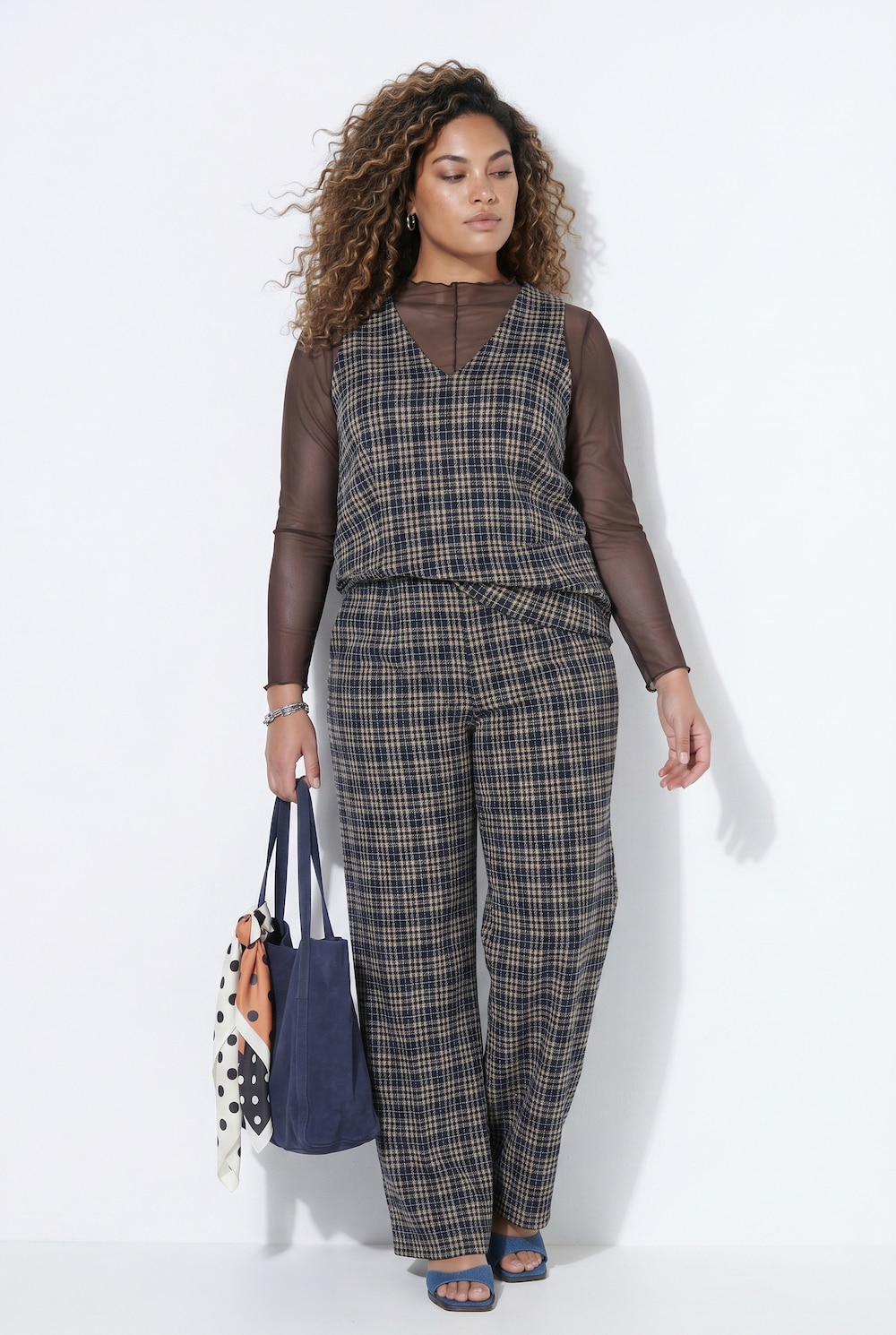 Marlene broek met ruiten, wijde pijpen, jersey, elastische tailleband