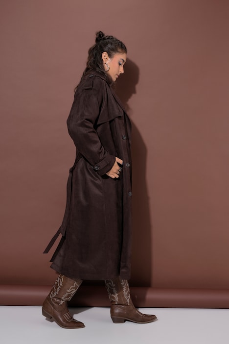 Mantel, Trenchcoat-Style, Veloursleder-Optik, Bindegürtel
