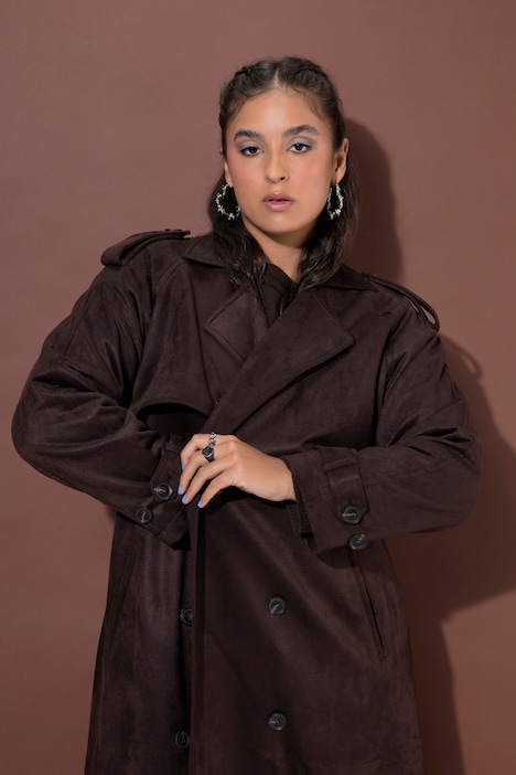 Mantel, Trenchcoat-Style, Veloursleder-Optik, Bindegürtel