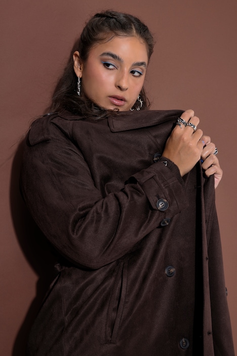 Mantel, Trenchcoat-Style, Veloursleder-Optik, Bindegürtel