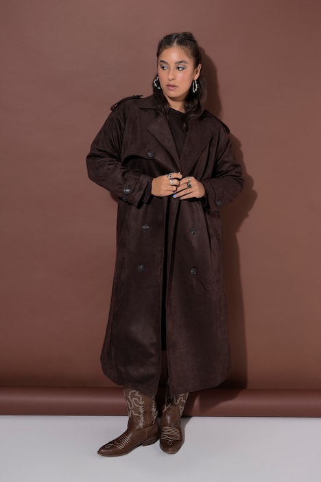 Mantel, Trenchcoat-Style, Veloursleder-Optik, Bindegürtel