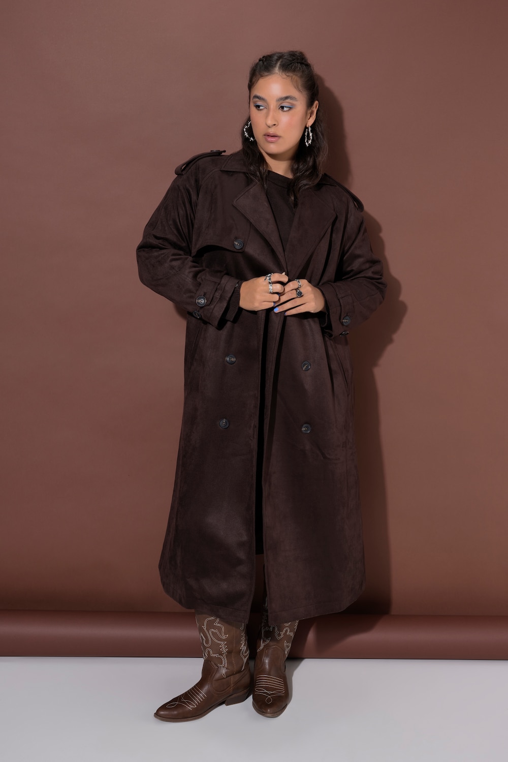Mantel, Trenchcoat-Style, Veloursleder-Optik, Bindegürtel