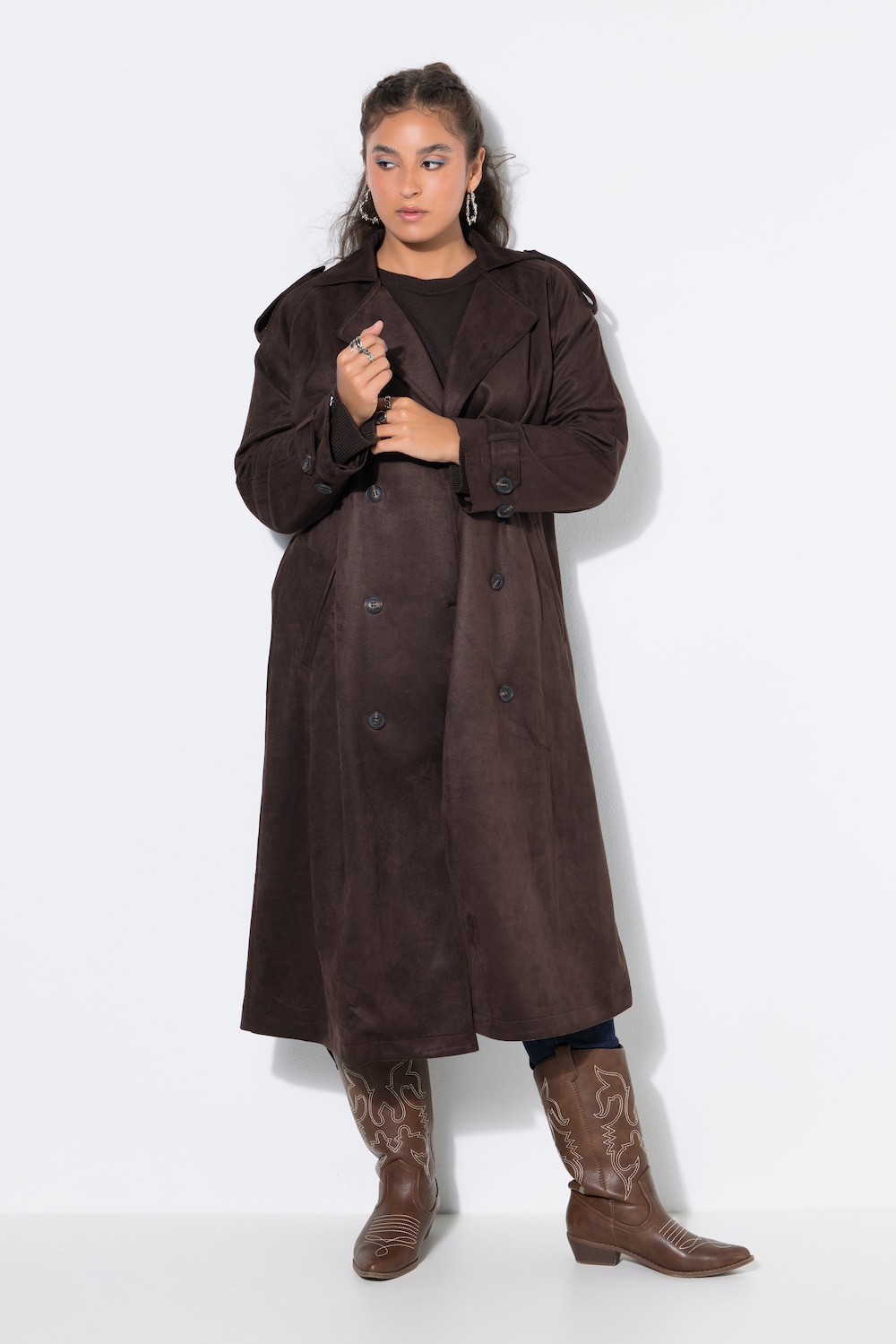 Mantel, Trenchcoat-Style, Veloursleder-Optik, Bindegürtel