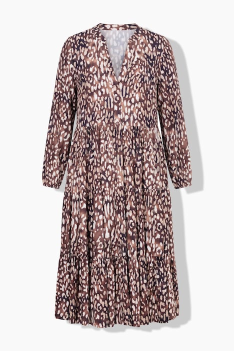 Robe midi en léopard, coupe trapèze, taille élastiquée, manches longues et amples