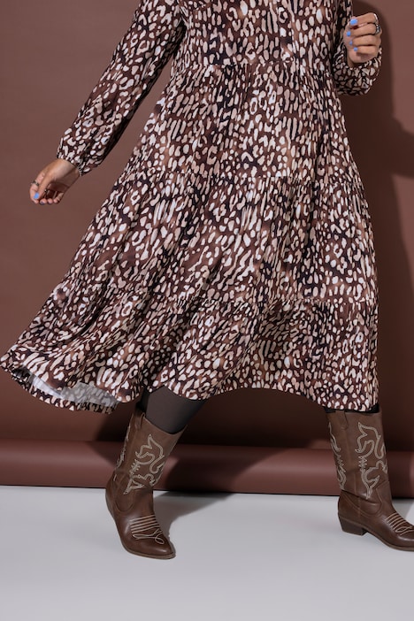 Robe midi en léopard, coupe trapèze, taille élastiquée, manches longues et amples