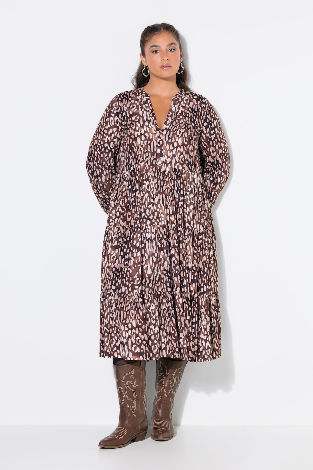 Midi-Leokleid, A-Line, elastische Taille, weiter Langarm