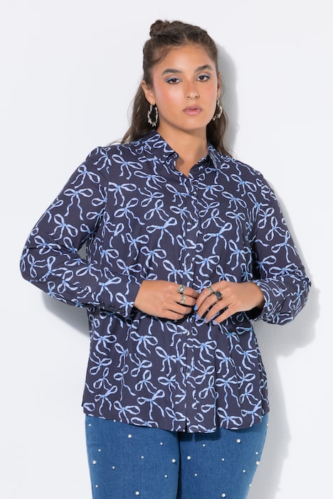 Hemdbluse, Straight Shape, Schleifen-Print, Langarm