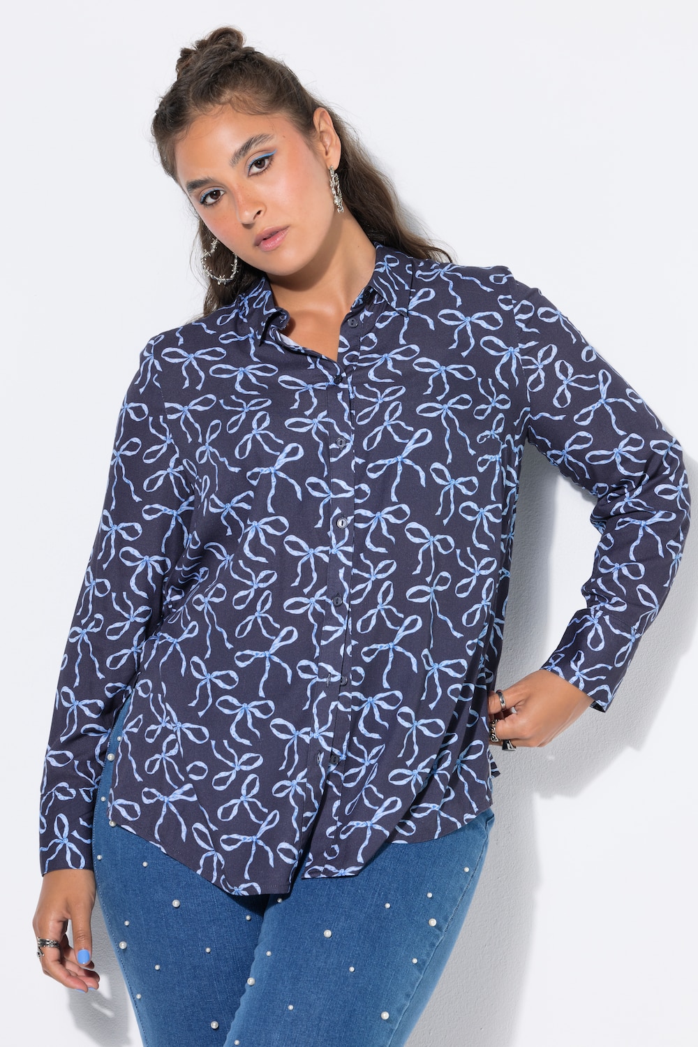 Hemdbluse, Straight Shape, Schleifen-Print, Langarm