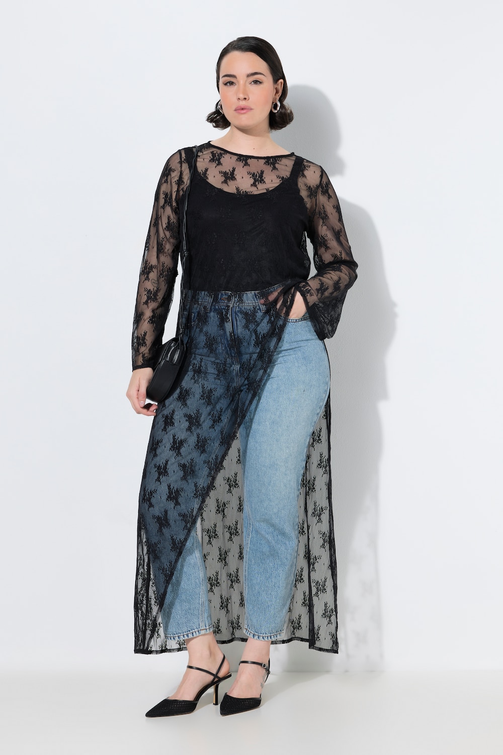 Maxikleid, Spitze, A-Linie, Rundhals, Trompeten-Langarm