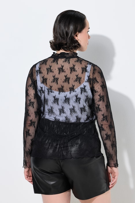 Shirt, Spitze, Slim, Stehkragen, Langarm