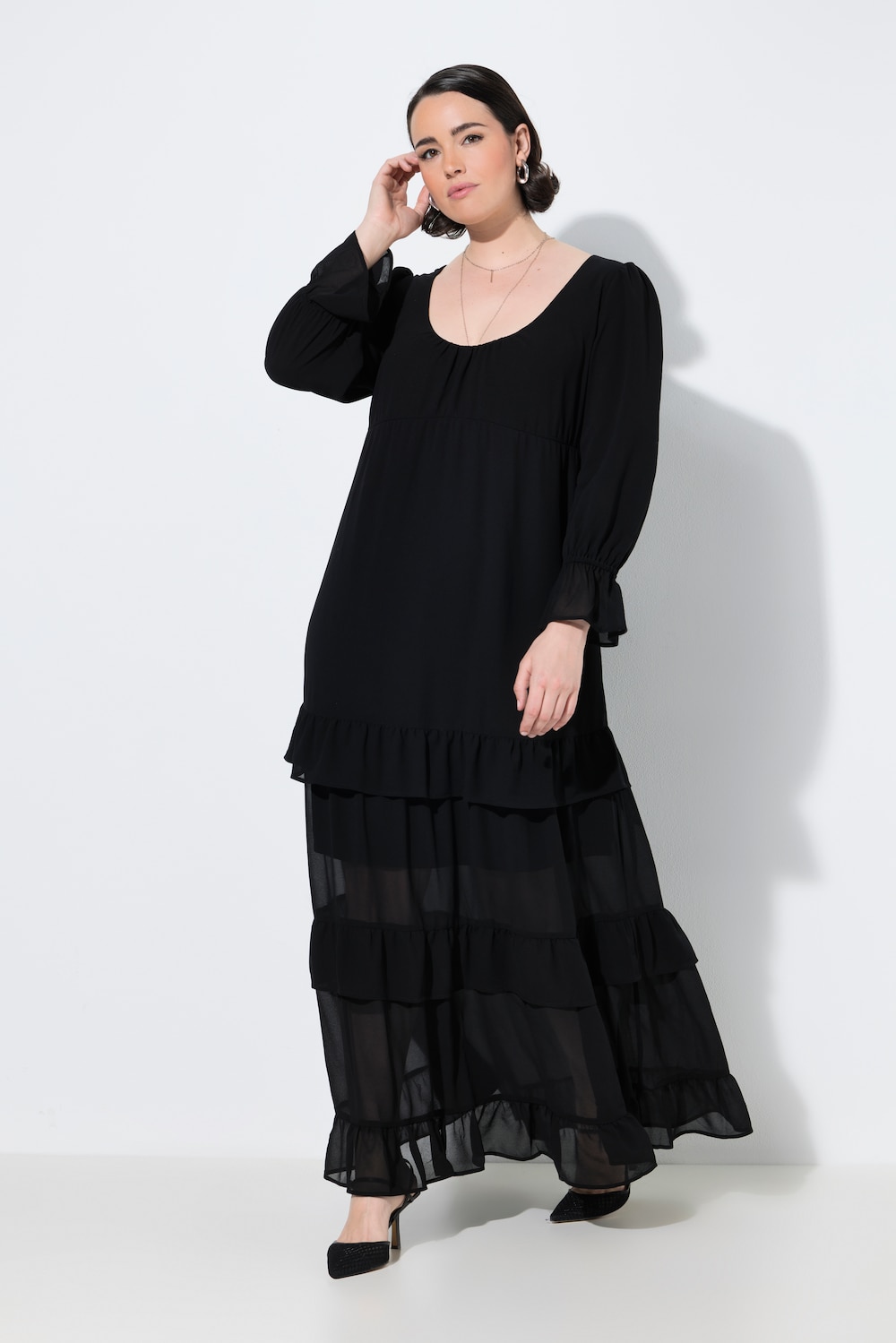 Maxikleid, Empirenaht, A-Linie, Rundhals, Ballon-Langarm