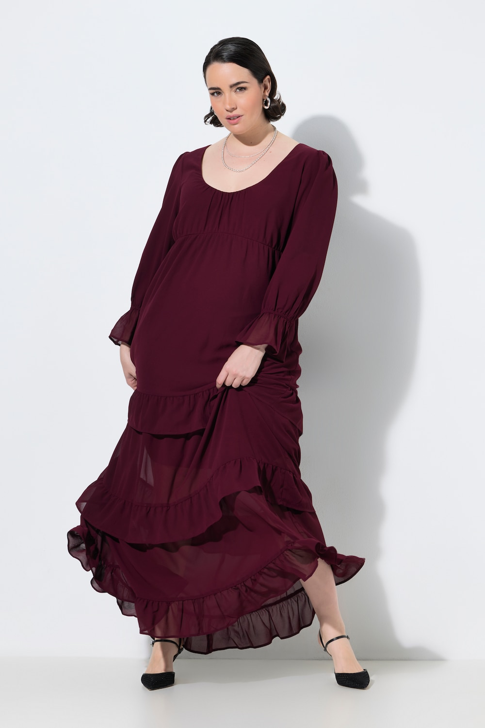 Maxikleid, Empirenaht, A-Linie, Rundhals, Ballon-Langarm