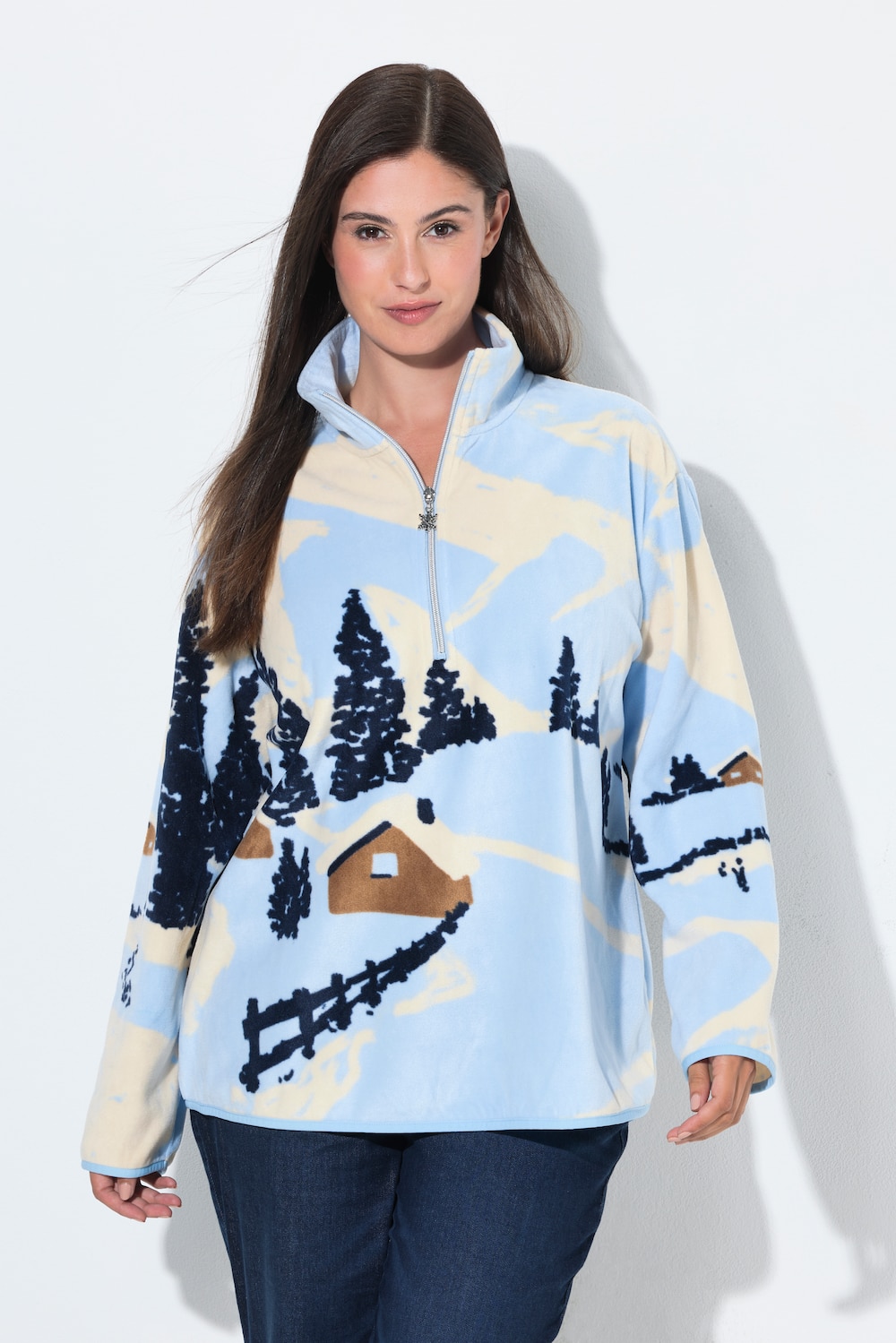 Fleece-Sweatshirt, Ski-Muster, Stehkragen, Langarm