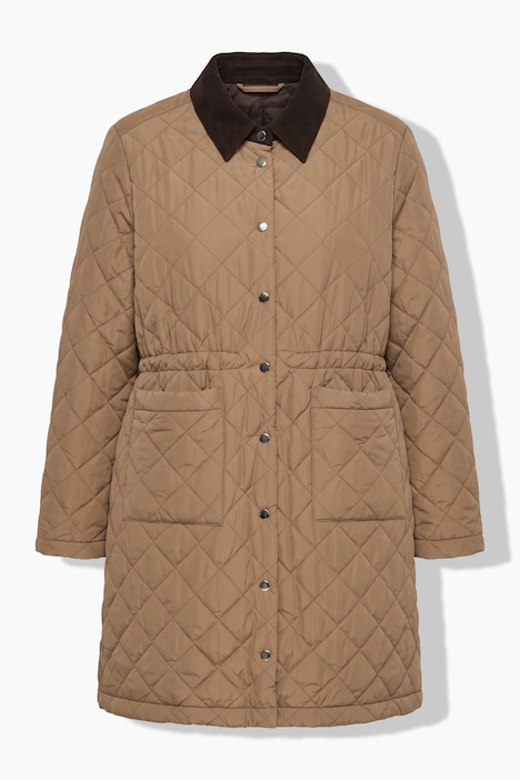 Manteau matelassé, coupe trapèze, col en velours côtelé, cordon de serrage à la taille