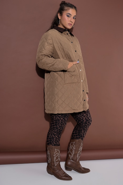 Manteau matelassé, coupe trapèze, col en velours côtelé, cordon de serrage à la taille