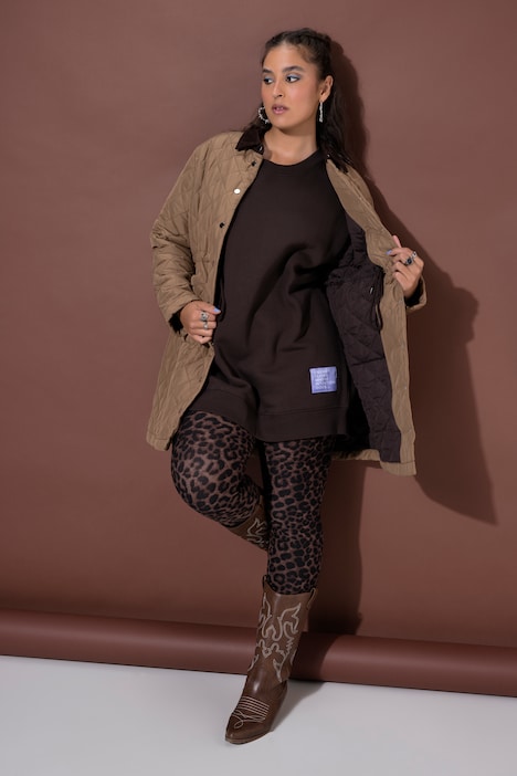Manteau matelassé, coupe trapèze, col en velours côtelé, cordon de serrage à la taille