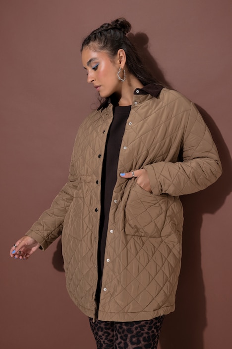 Manteau matelassé, coupe trapèze, col en velours côtelé, cordon de serrage à la taille
