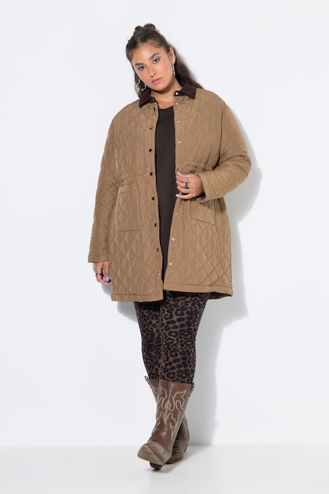 Manteau matelassé, coupe trapèze, col en velours côtelé, cordon de serrage à la taille