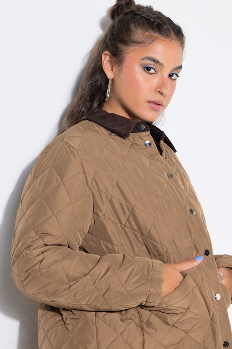 Manteau matelassé, coupe trapèze, col en velours côtelé, cordon de serrage à la taille