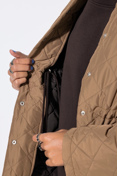 Manteau matelassé, coupe trapèze, col en velours côtelé, cordon de serrage à la taille