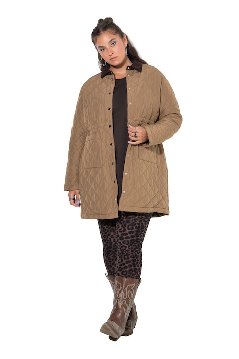 prošívaný kabát, A-linie, manšestrový límec, stahovací šňůrka v pase