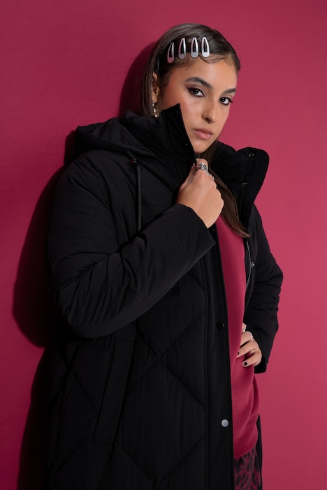 Long-Steppmantel, O-Shape, Kapuze, Zipper
