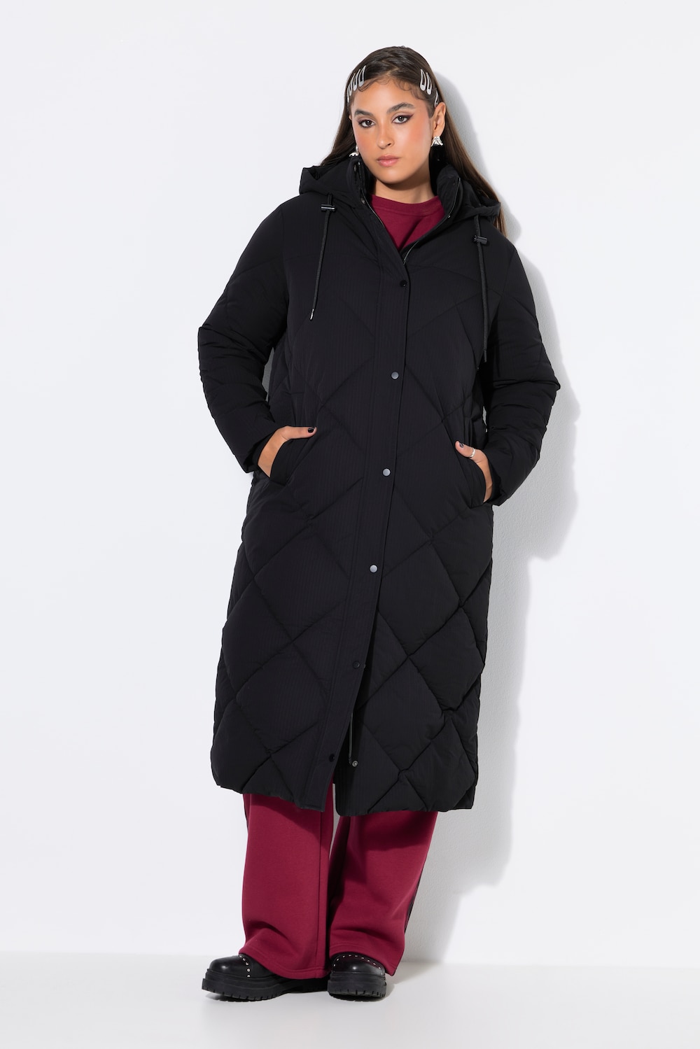 Long-Steppmantel, O-Shape, Kapuze, Zipper