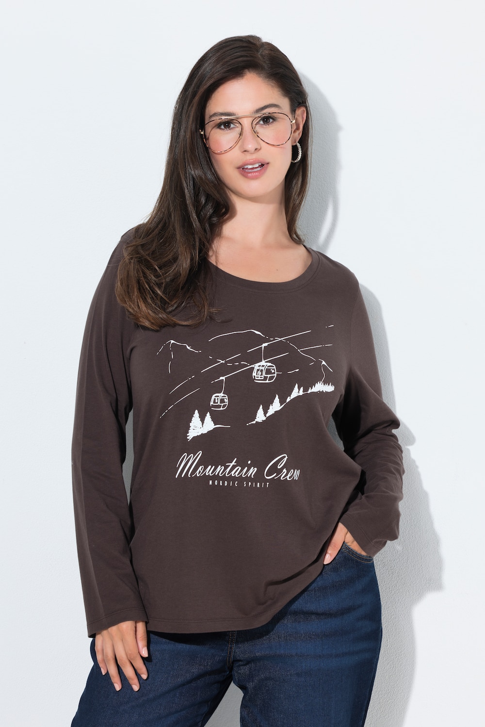 T-shirt, bjergmotiv, klassisk, rund hals, lange ærmer