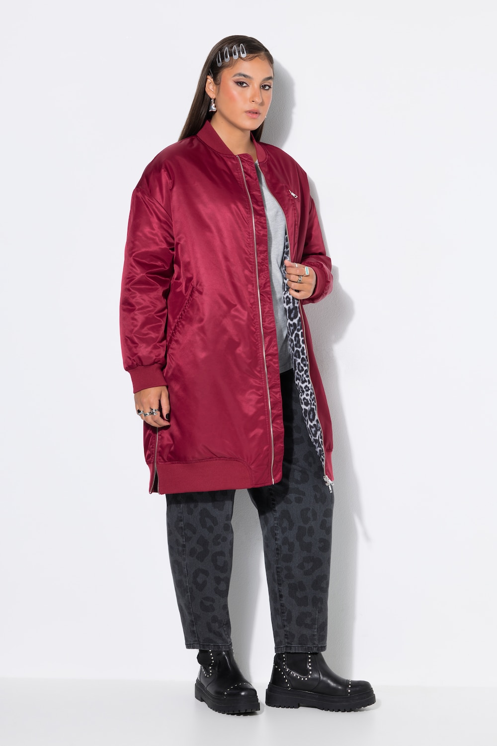 Blousonmantel, O-Shape, Leo-Futter, Seitenschlitze mit Zipper