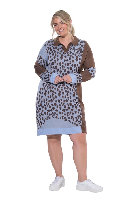 Pletené šaty, volný střih, mix leopardích vzorů, dlouhé rukávy