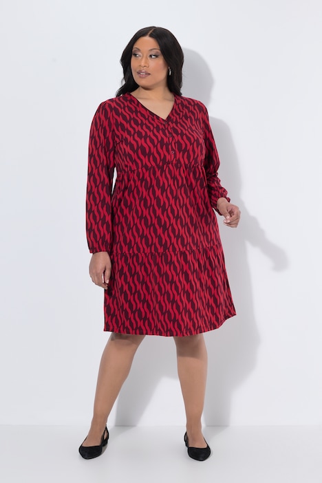 Kleid, gemustert, A-Linie, V-Ausschnitt, Langarm