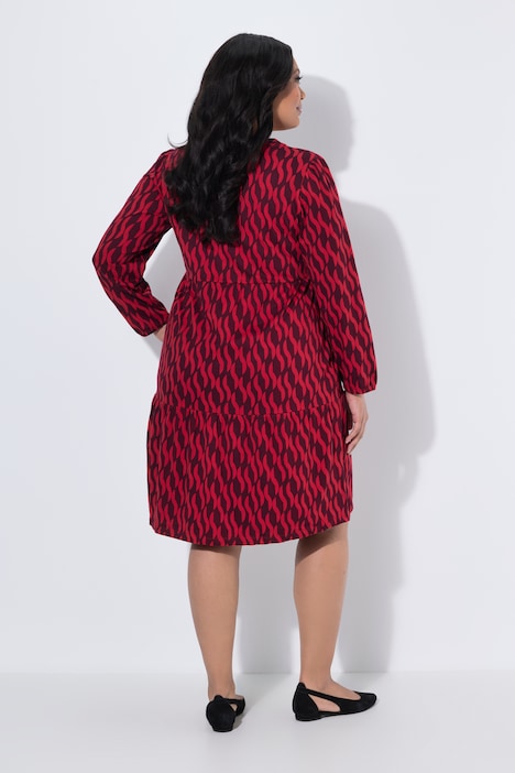 Kleid, gemustert, A-Linie, V-Ausschnitt, Langarm