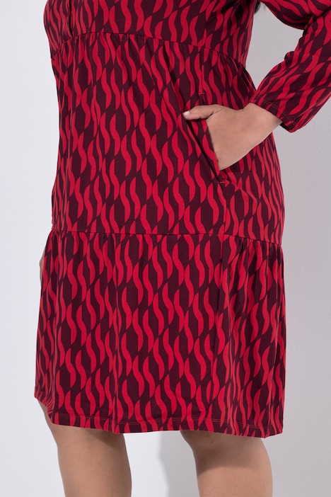Kleid, gemustert, A-Linie, V-Ausschnitt, Langarm