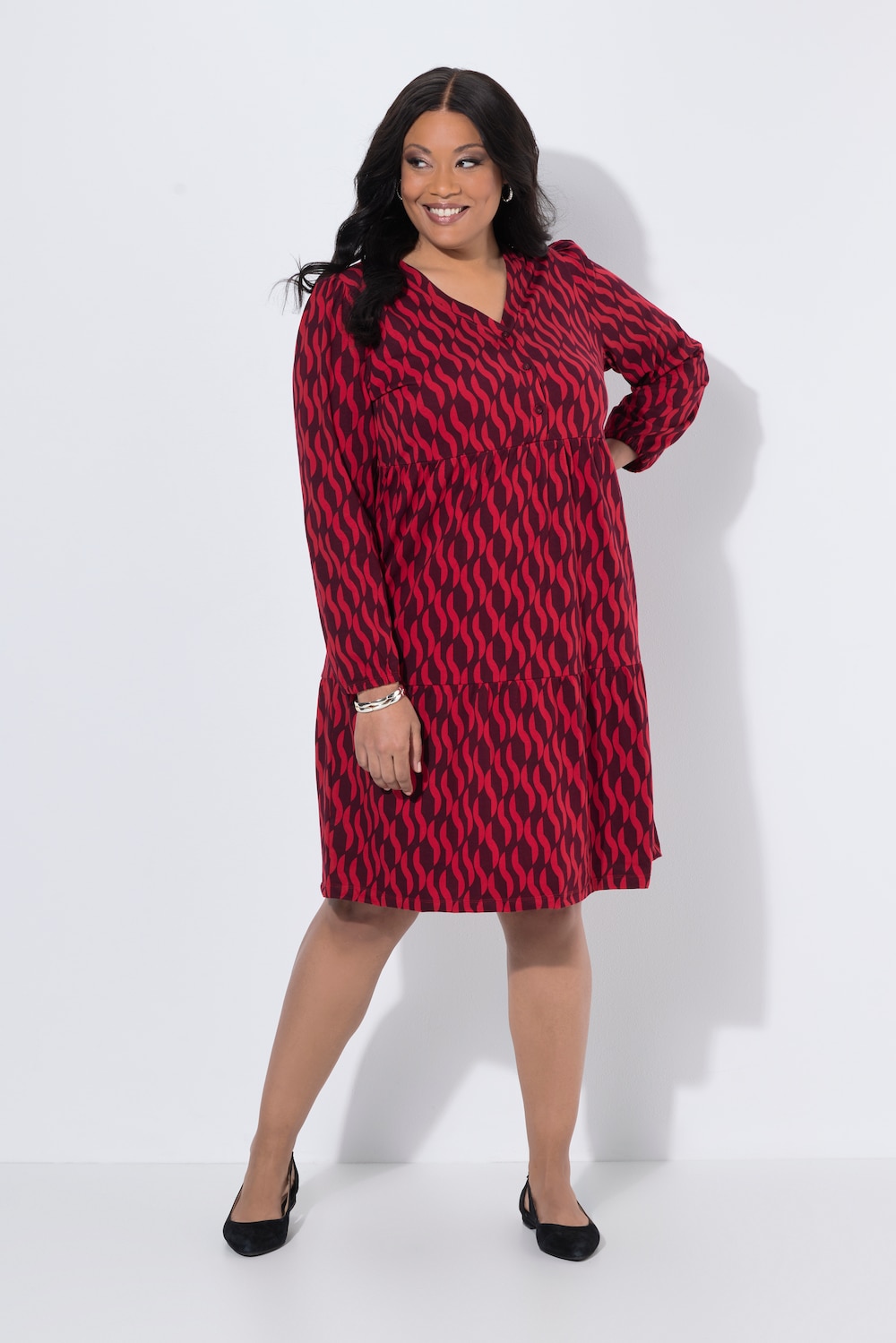 Kleid, gemustert, A-Linie, V-Ausschnitt, Langarm